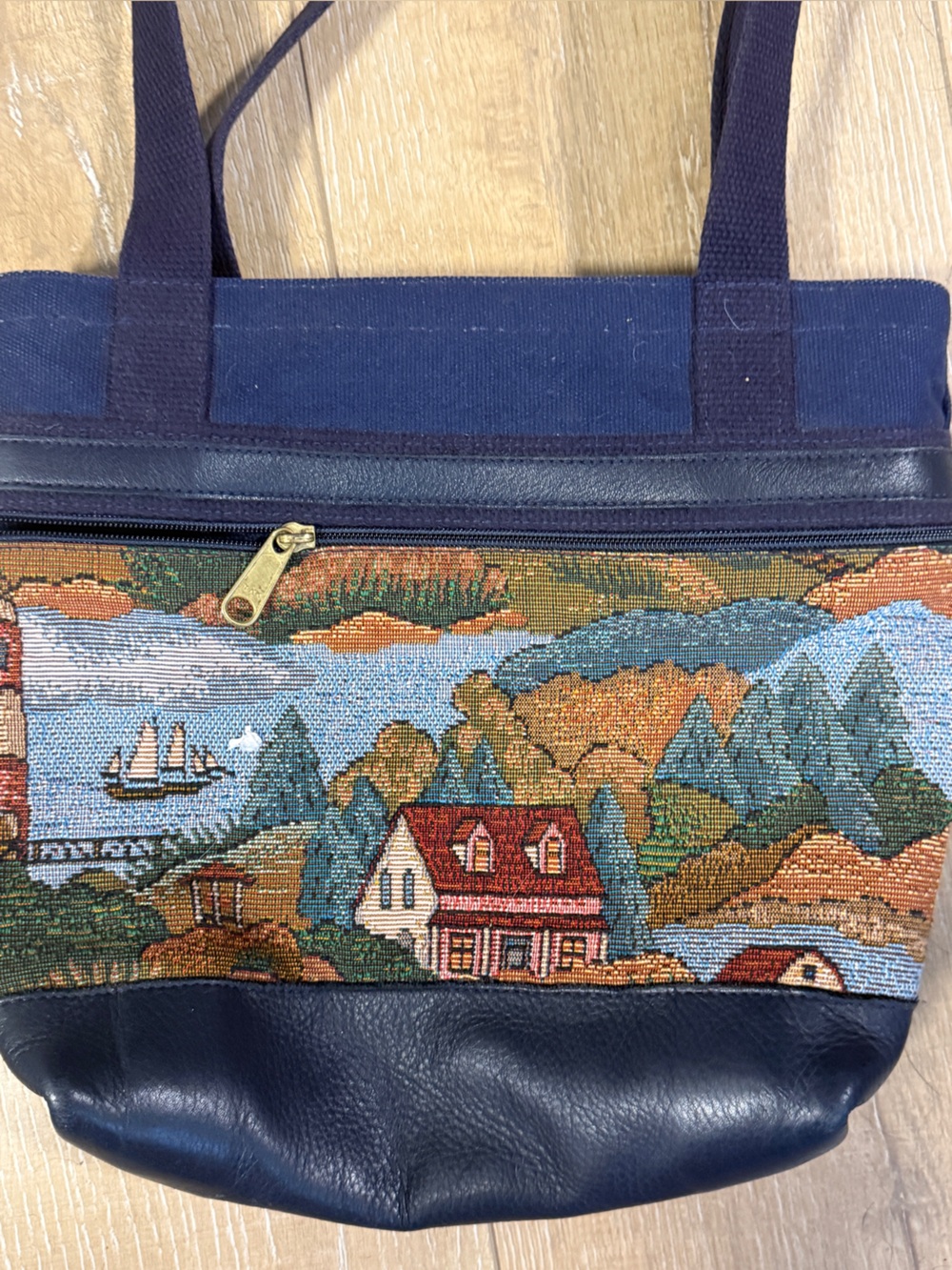 Vintage My Maine Bag Coastal Landscape Tapestry Canvas & Leather Tote